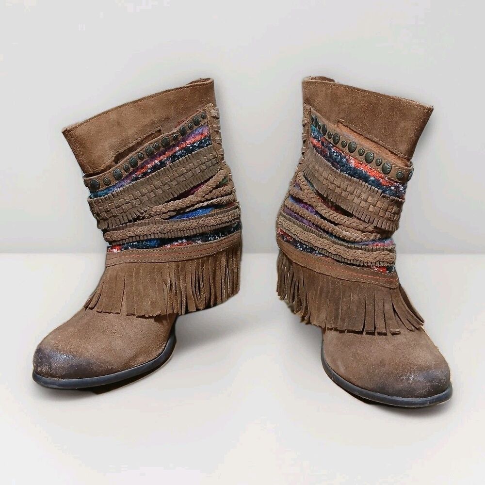 Naughty Monkey Women’s Brown Suede Fringe Western Boho Ankle Boots Size 6.5